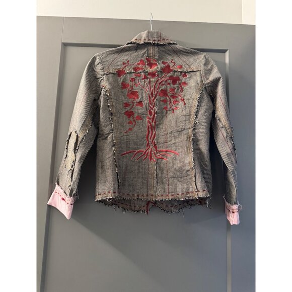 Handmade Striped Blazer Jacket With Red Tree Embroidery & Pink Silk Lining For - Picture 9 of 12